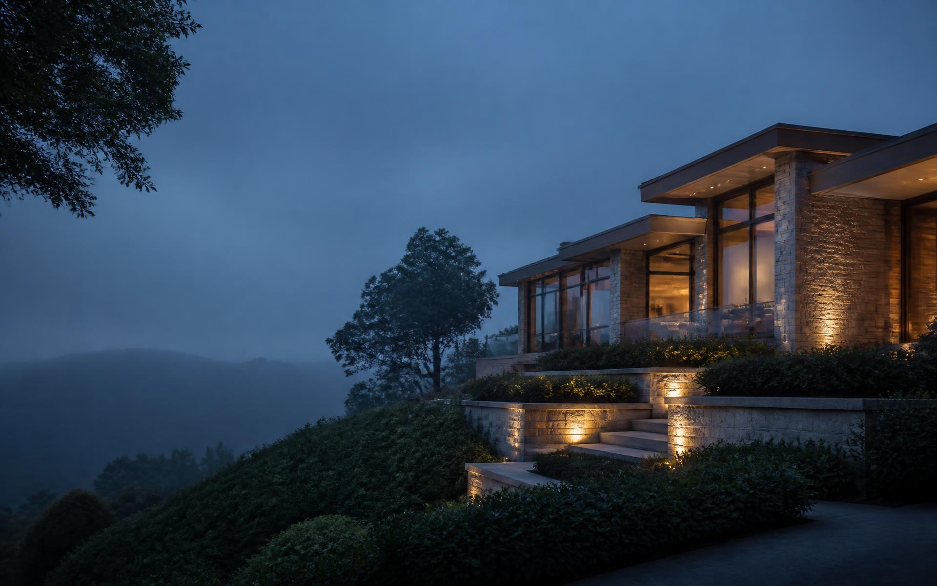 Anonymous contemporary Northern California residence at blue hour