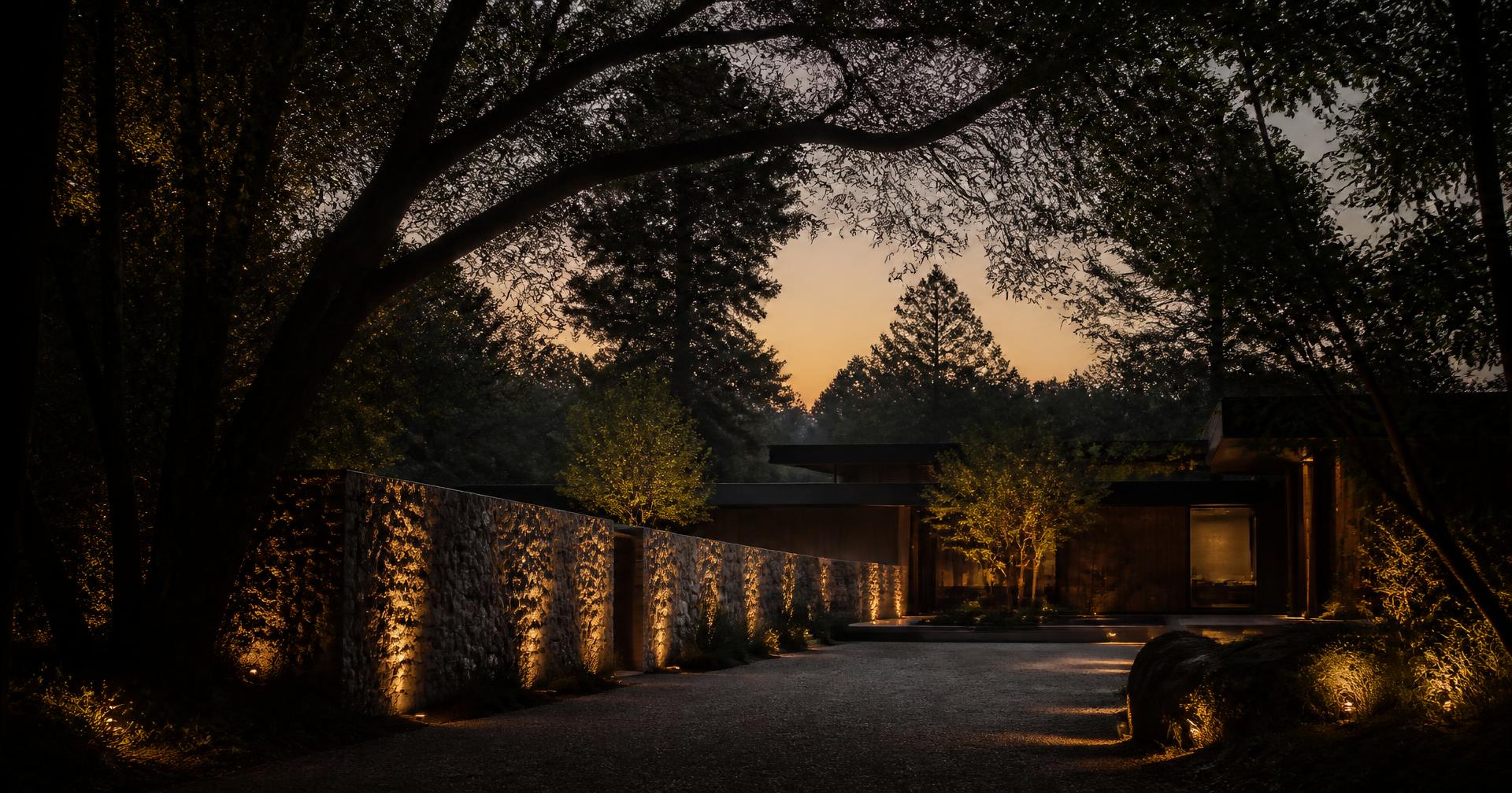 Anonymous contemporary residence and landscaped path at dusk